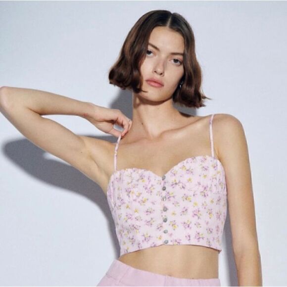 NWOT Zara Linen Blend Floral Printed Crop Top in Mauve, Size Small - Picture 4 of 16